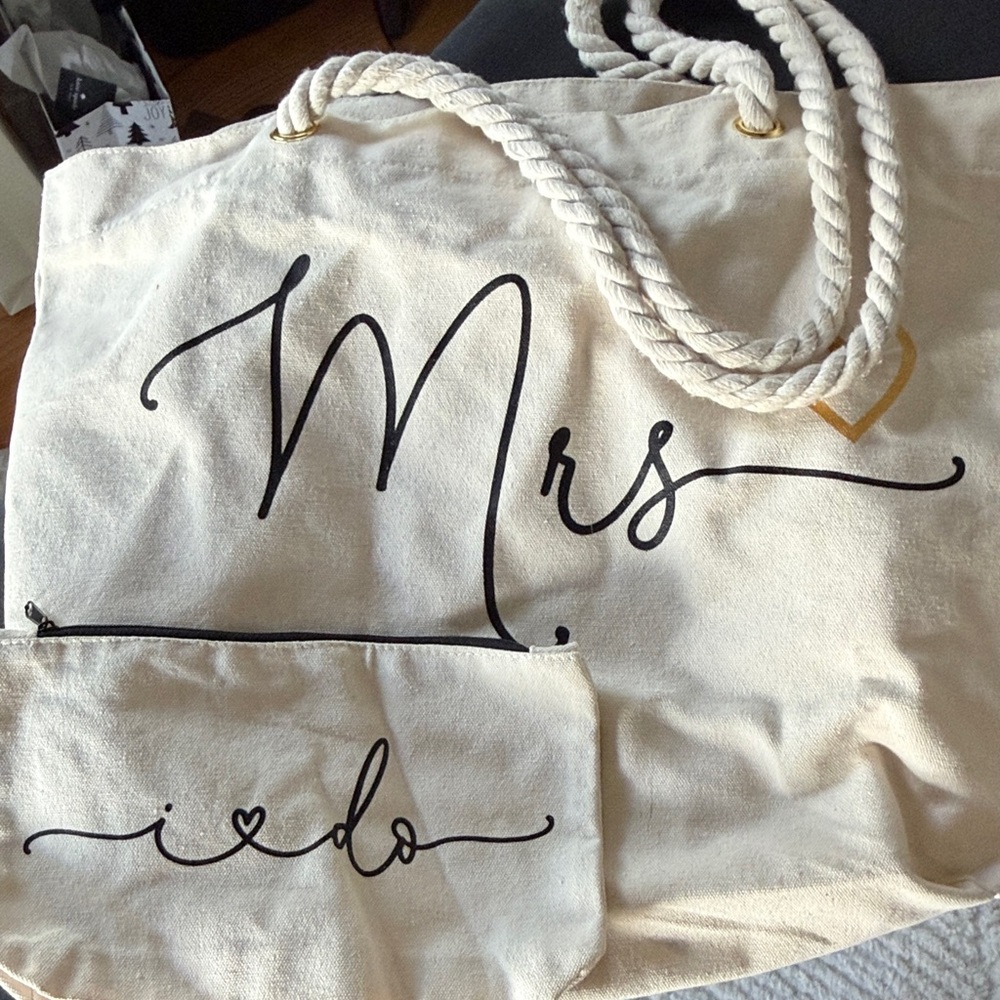 Bride Cream Canvas Tote Bag with Pouch